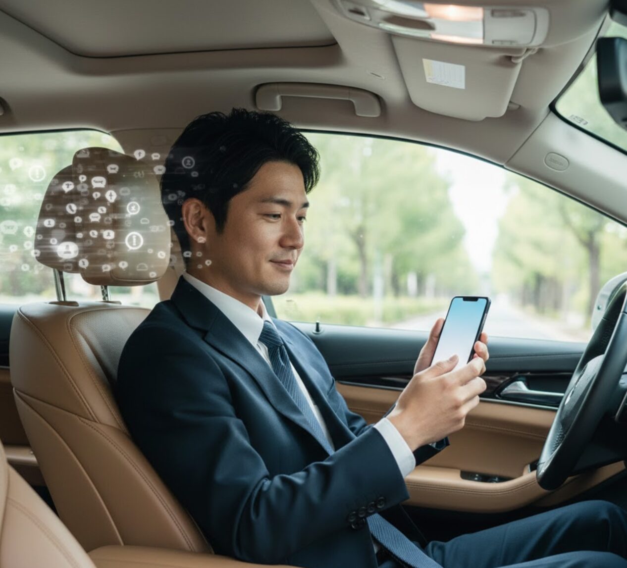 従来の電話ラッシュから解放され、スマートフォンで落ち着いて査定結果を確認する日本のビジネスマン。