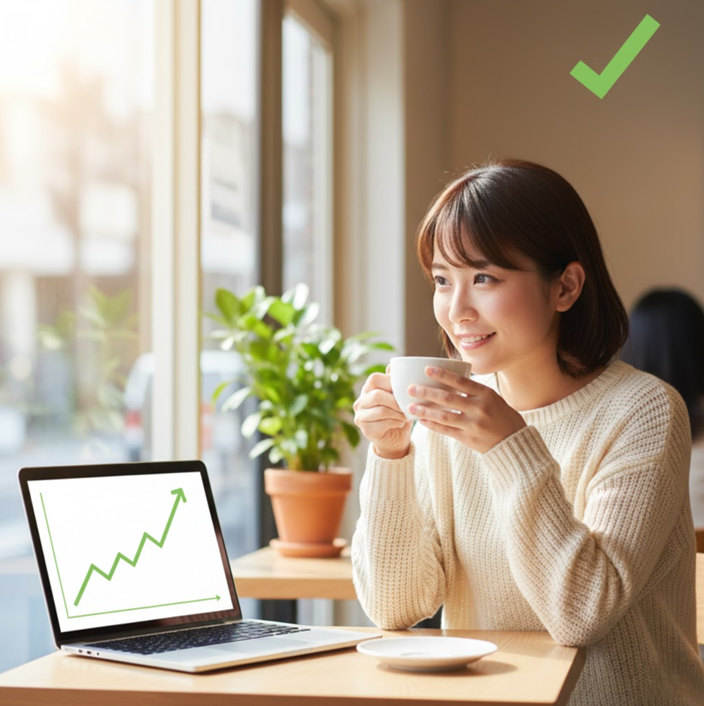 自宅でリラックスしながらオンライン査定で高値を掴み、満足そうな表情の日本人女性。