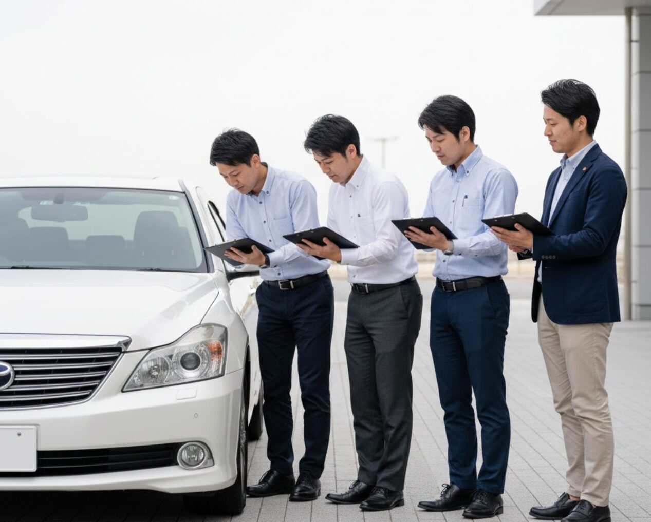 効率と高値を目指し、3社の買取業者を集めて同じ場所で同時査定を行う様子。