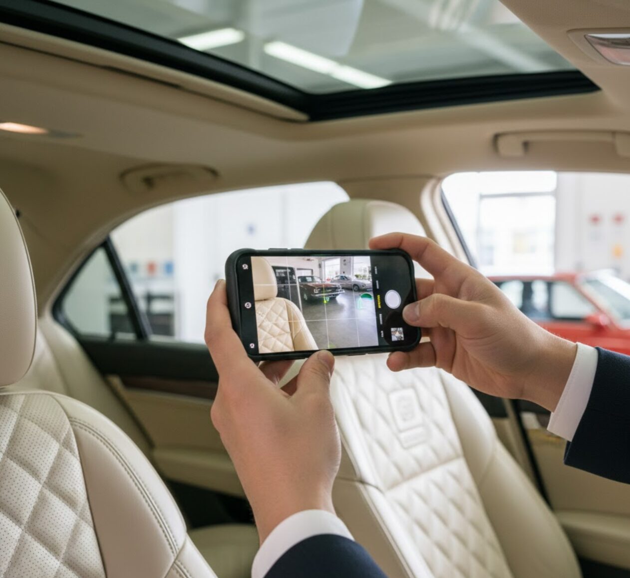 高額査定を引き出すため、車の内装の清潔感とオプション装備を丁寧にスマートフォンで撮影する手元。