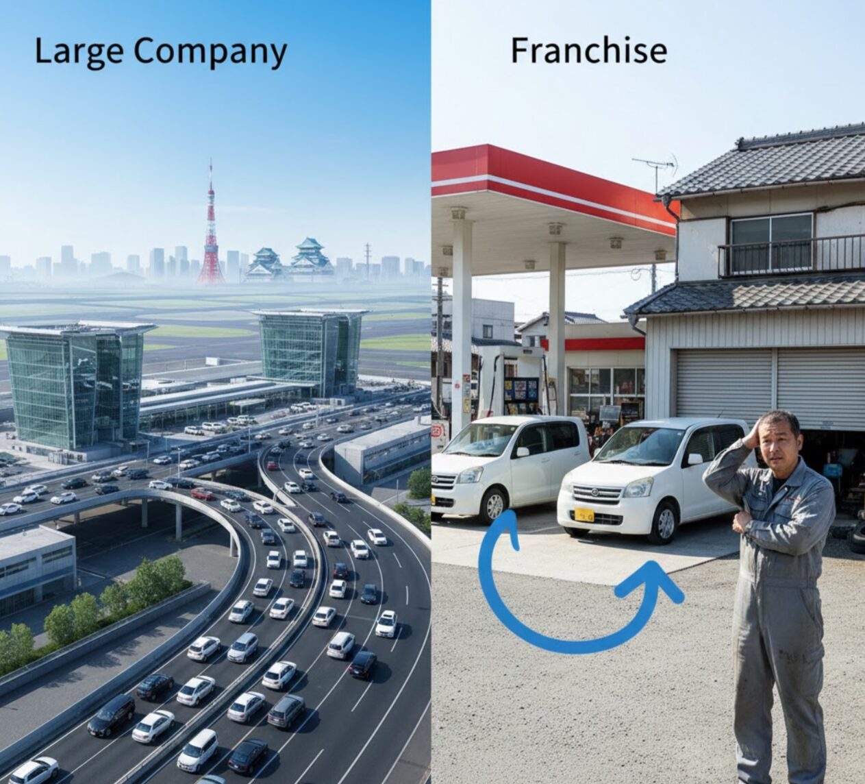 大手レンタカーの広域ネットワークと、ニコニコレンタカーのような小規模フランチャイズ店の車両管理体制の違いを比較した視覚的なイメージ。