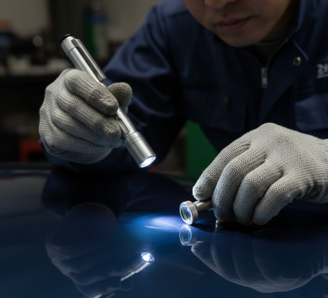 査定士が専門的なツールを使い、車の隠れた傷や修復歴を厳密にチェックしている様子。