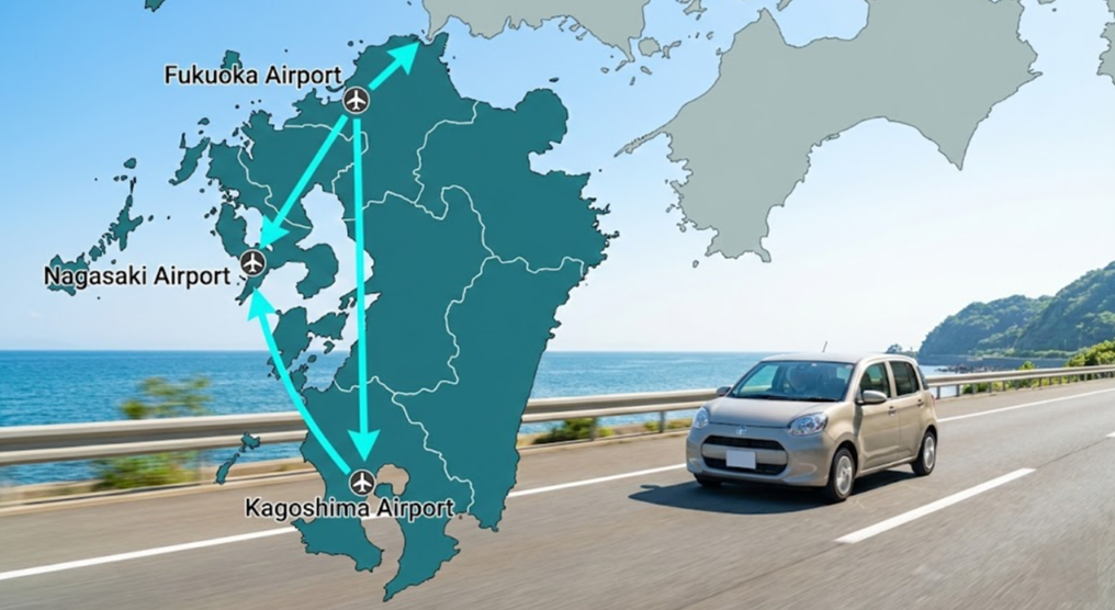 福岡空港、長崎空港、鹿児島空港を結ぶ、ニコニコレンタカーの例外的な乗り捨て（ワンウェイ）ルートを示す九州エリアの地図。