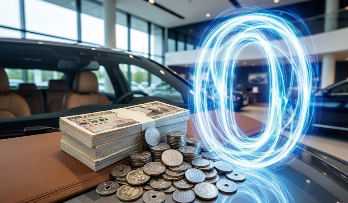 車のボンネットの上に置かれた日本円の束と「0」を強調する光のエフェクト。消費税がかからずお得に購入できるメリットを表現。