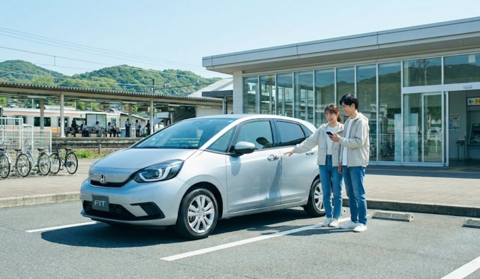 都会の駅近くのカーシェアリング専用駐車スペースに停められた清潔な日本のコンパクトカーを確認する、笑顔の若い日本人カップル。