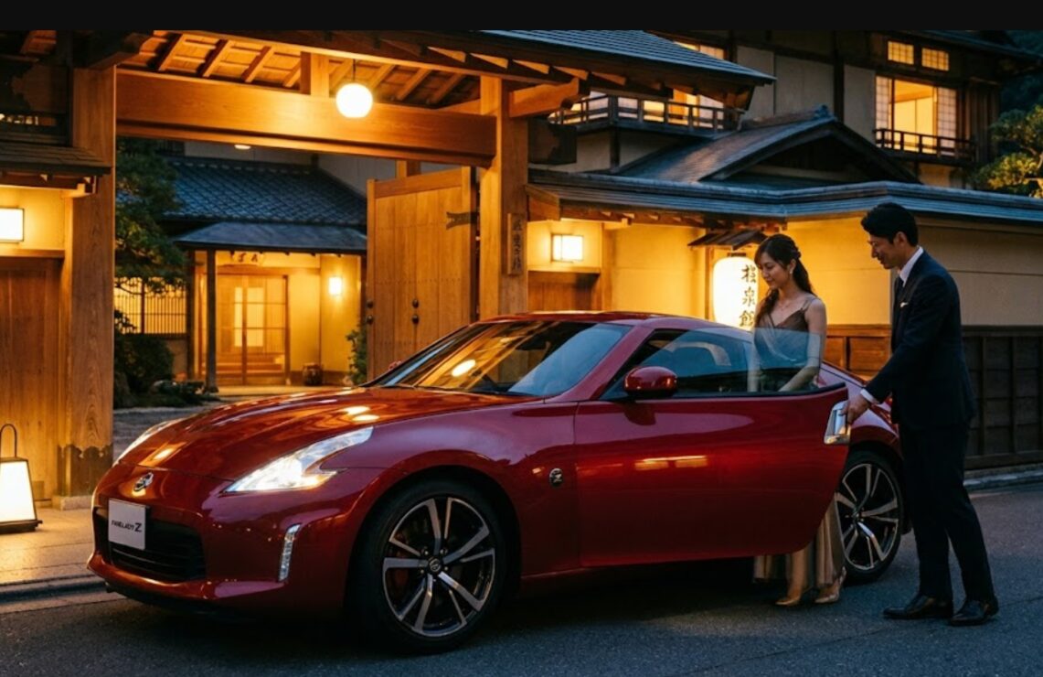 特別な日のためにプレミアムクラスのスポーツカーを利用し、夜の高級レストランに到着するエレガントな日本人カップル。