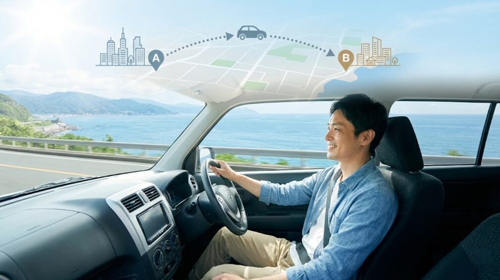 片道専用レンタカー（回送マッチングサービス）を利用し、格安で長距離移動を楽しむ日本のドライバーのイメージ。