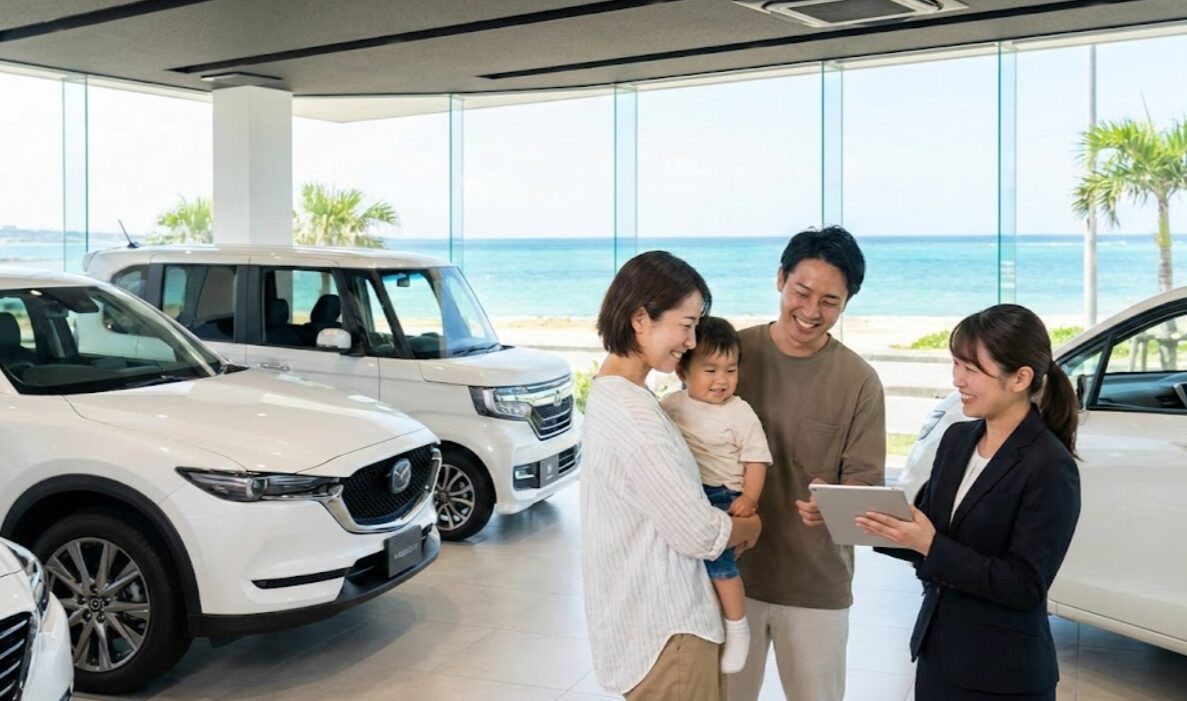 沖縄の明るいショールームで、日本人スタッフが若い夫婦にタブレットで中古車の購入システムを説明している様子。