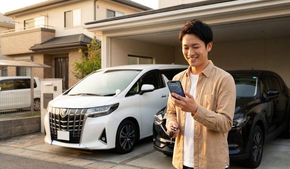 愛車を前にスマートフォンで高額売却の結果を確認し、満足そうな笑顔を見せる30代の日本人男性。