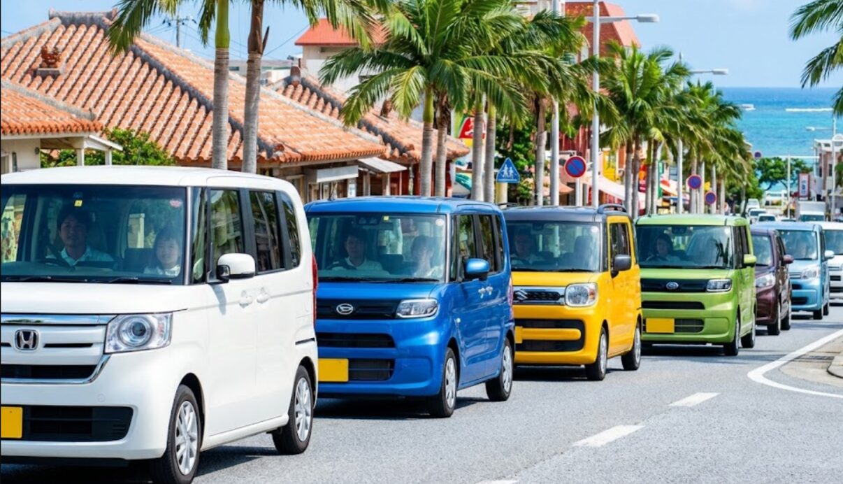 沖縄の青空の下、生活に必須なワゴンRやN-BOXなどの軽自動車が複数台並んで走行する様子。