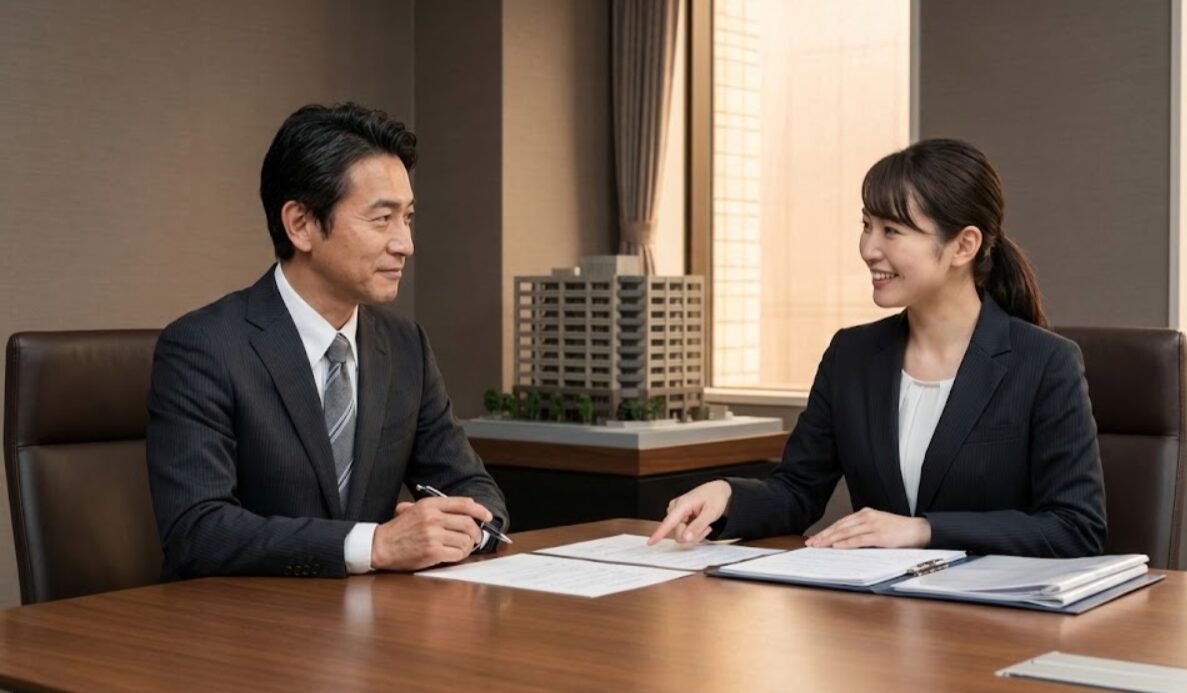 契約書を確認する日本人顧客と、隣でサポートするプロフェッショナルな日本人スタッフの様子。取引の安心感を強調。