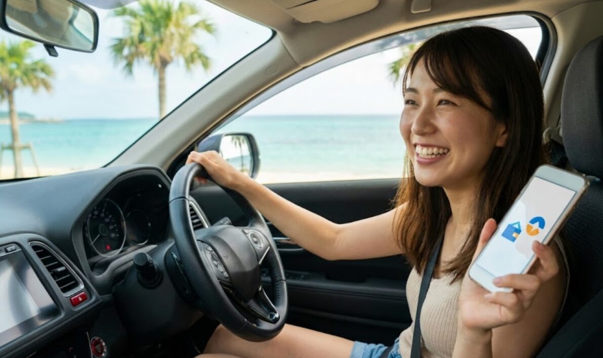 オートローンを利用して購入した新車のような中古車の運転席で、沖縄の景色を眺めながら喜ぶ日本人女性。