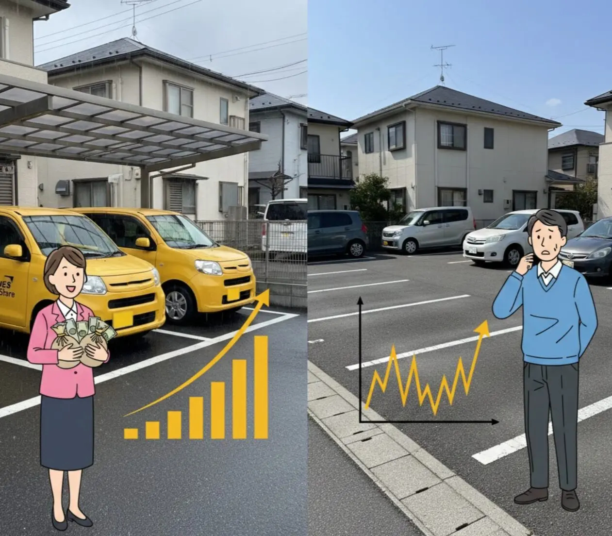 カーシェアの固定賃料と月極駐車場の変動賃料を比較した図。雨天や空車時でも毎月一定額が安定して入金されるタイムズカーシェアの収益構造のイメージ。