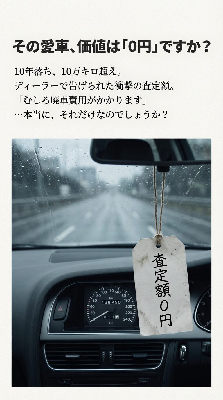 「その愛車、価値は0円ですか？」という問いかけと、10年落ち・10万キロ超えで廃車費用を請求される衝撃を表現したスライド。 