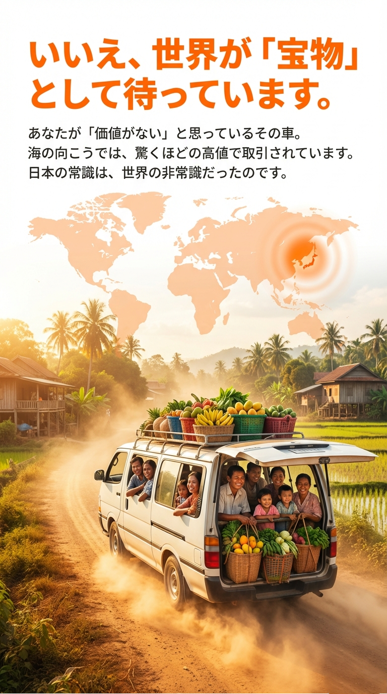 日本で価値がないと思われている車が、海外では驚くほどの高値で「宝物」として取引されていることを伝えるメッセージスライド。 