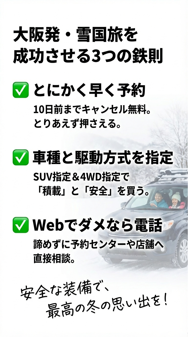 早期予約、車種・駆動方式の指定、Web不可時の電話相談という、雪国ドライブを成功させるための3つの重要ルール 。