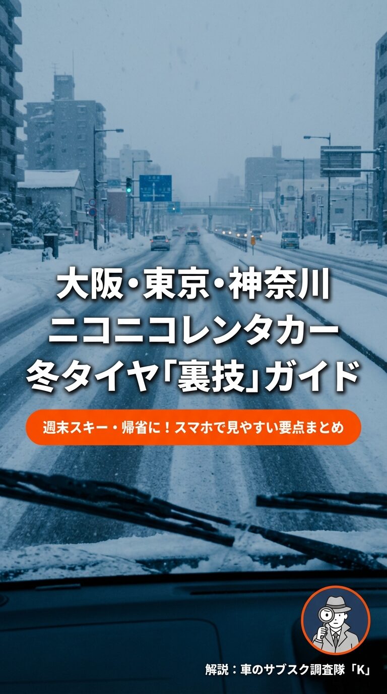 ニコニコレンタカーの冬タイヤ攻略ガイドの表紙。探偵のイラストと「大阪・東京・神奈川」「スマホで見やすい要点まとめ」の文字。