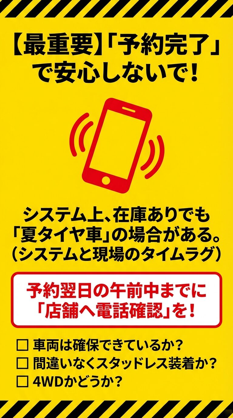 システム上のタイムラグを防ぐため、車両確保、スタッドレス装着、4WDの有無を電話で確認するよう促す図。