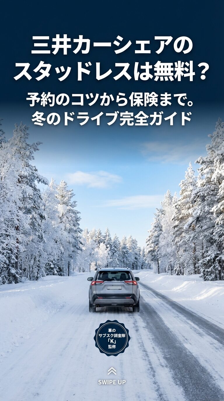「三井カーシェアのスタッドレスは無料？予約のコツから保険まで。冬のドライブ完全ガイド」と書かれた表紙スライド。車のサブスク調査隊監修。 