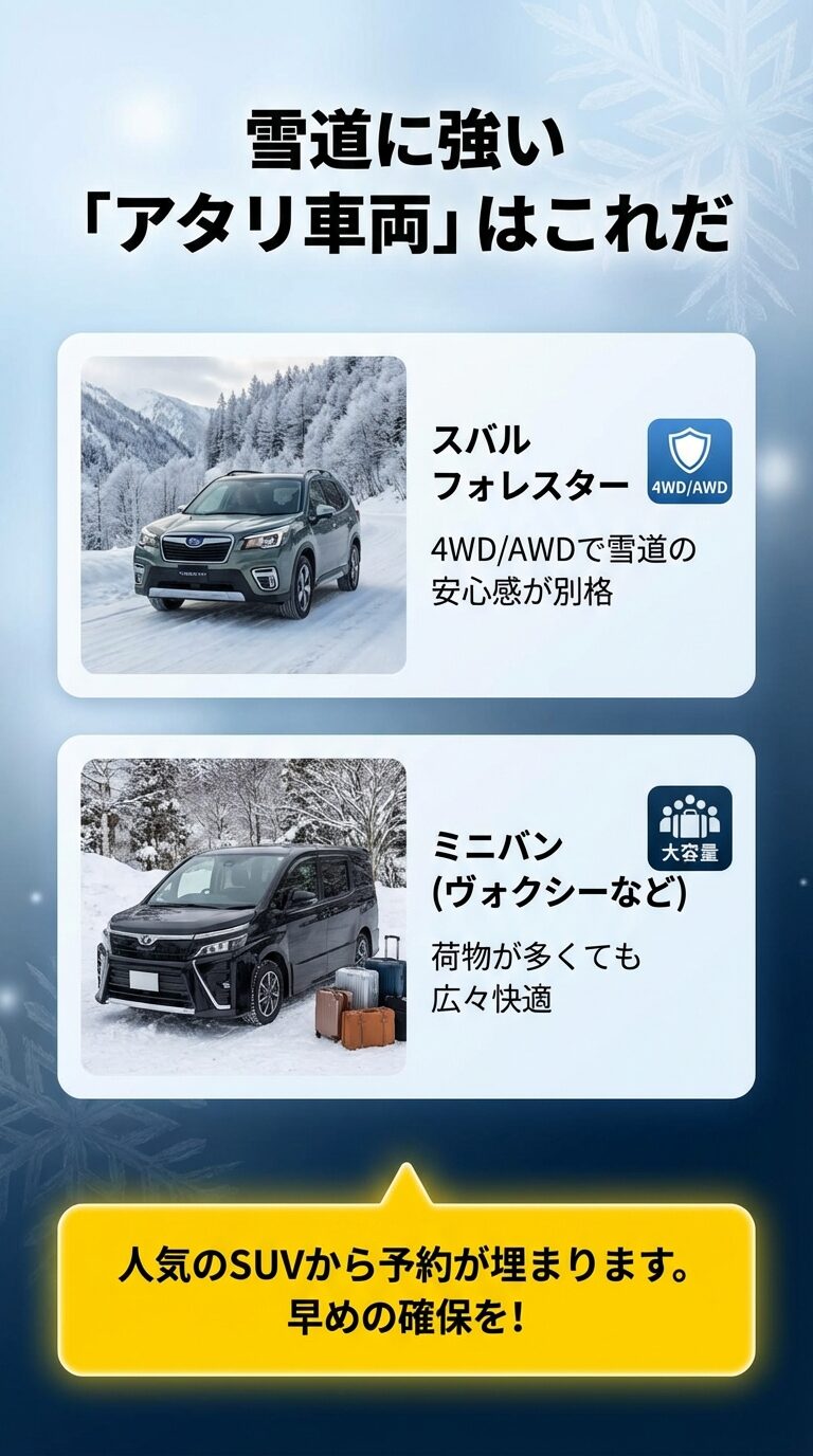 雪道を走るスバル・フォレスターと、荷物を積んだミニバンの写真。4WD/AWDのフォレスターは安心感が別格であること、ミニバンは大容量で快適であることを紹介している。 