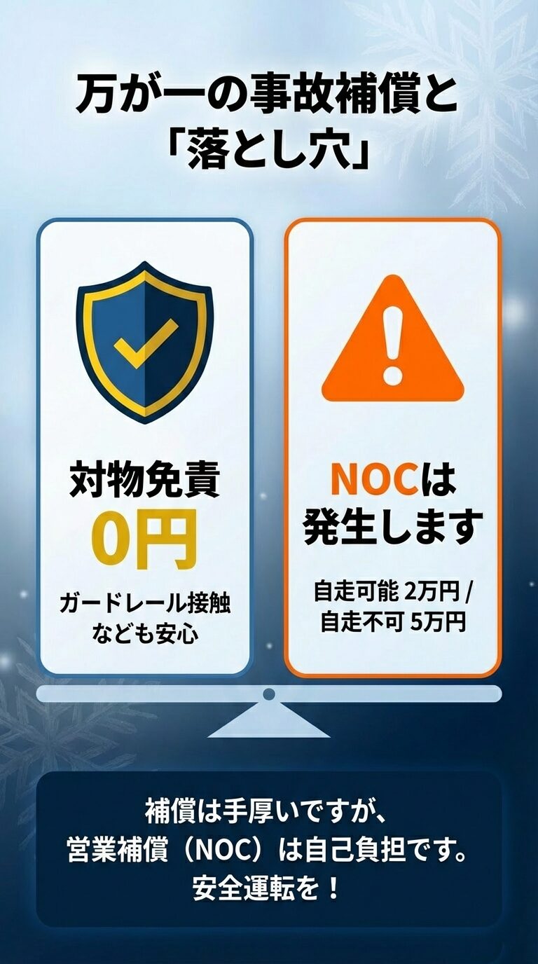 対物免責0円でガードレール接触なども安心だが、営業補償（NOC）は自走可能なら2万円、不可なら5万円発生することを説明する図解。 