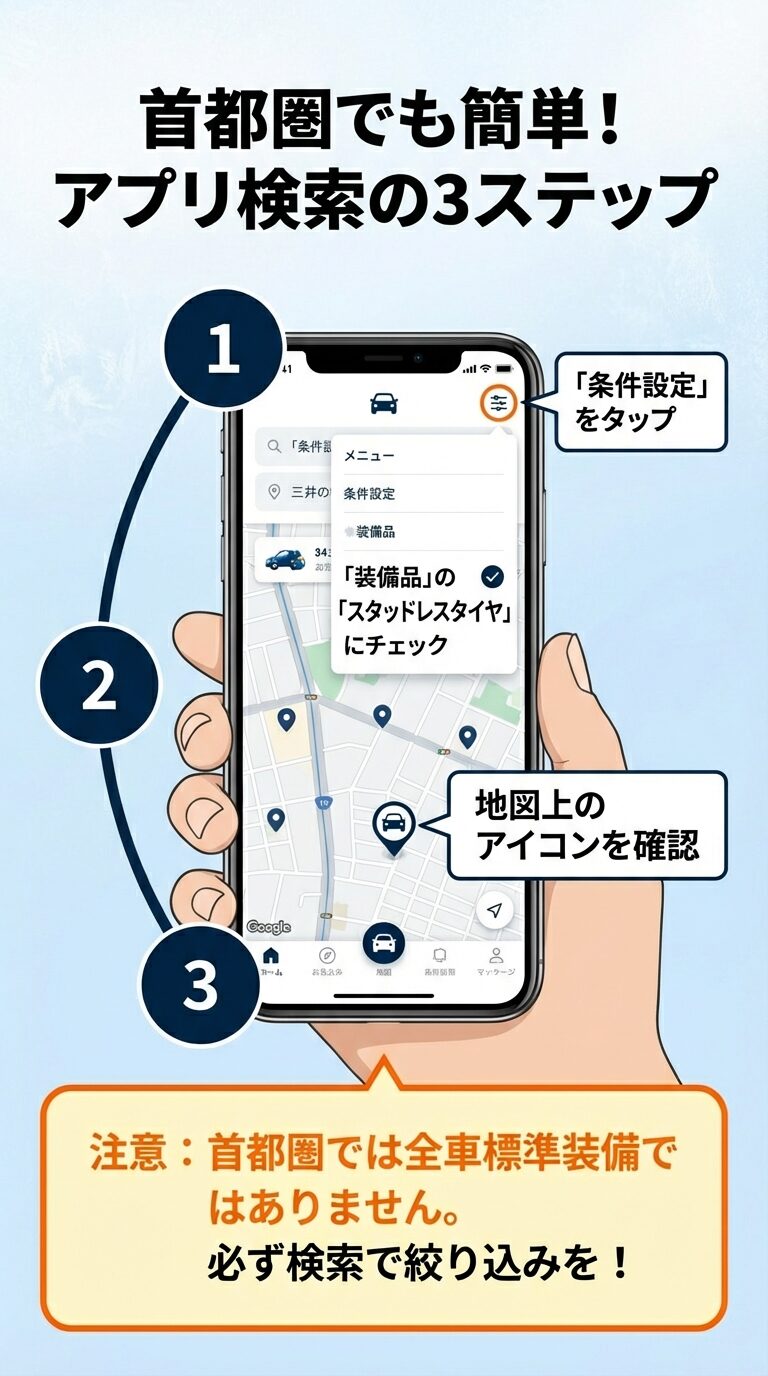 スマホアプリの操作画面。1.条件設定をタップ、2.装備品のスタッドレスタイヤにチェック、3.地図上のアイコンを確認、という3つの手順を説明している。首都圏では全車標準装備ではないため絞り込みが必要な旨の注意書きがある。 