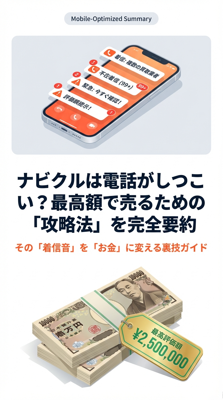 ナビクルで車を最高額で売るための「攻略法」を完全要約したガイドの表紙。電話ラッシュを逆手に取る方法を予告しています。
