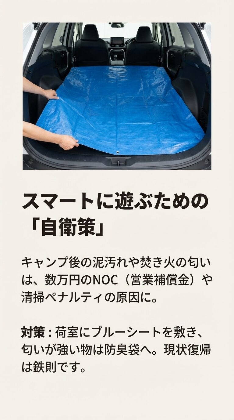 荷室にブルーシートを敷き、防臭袋を活用する対策。NOC（営業補償金）や清掃ペナルティを防ぐ現状復帰の重要性。 