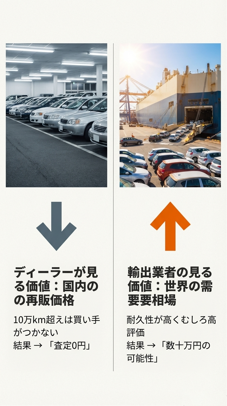 駐車場に並ぶ車と輸出船の写真を背景に、ディーラー査定は0円でも、輸出業者なら数十万円の可能性があることを示す比較図。 