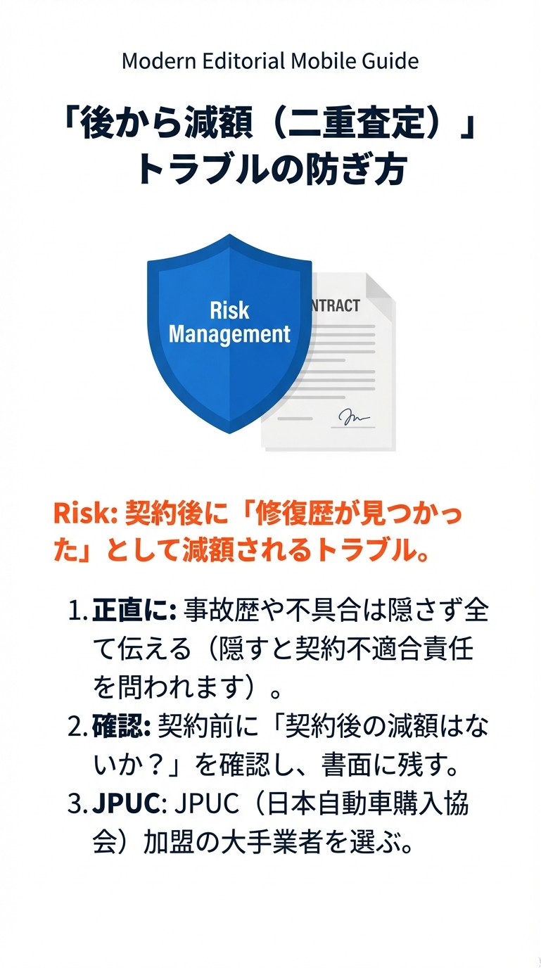 契約後の減額を防ぐリスク管理。正直な申告、書面での確認、JPUC加盟店選びの3つのポイントを図解しています。