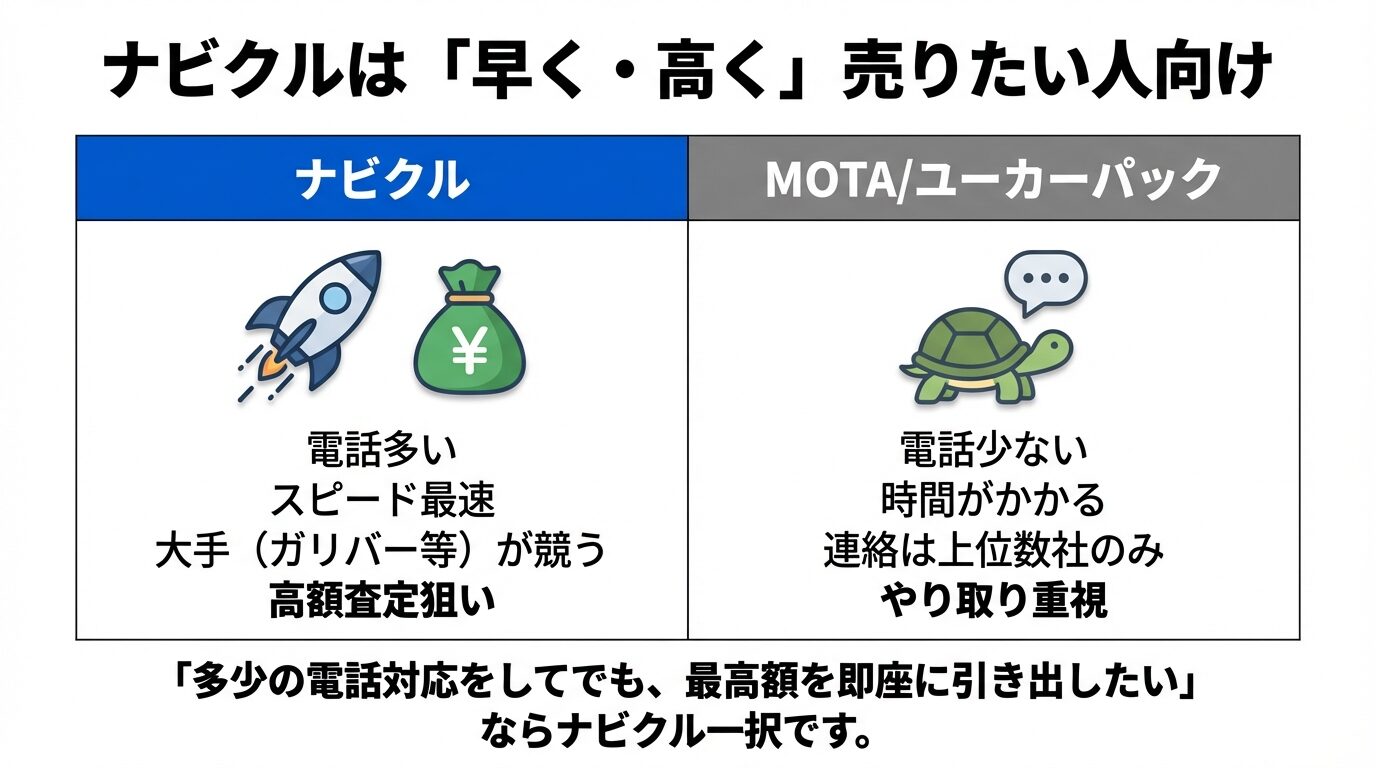 ナビクルとMOTA/ユーカーパックを、電話の量、スピード、高額査定の狙いやすさなどの項目で比較したマトリックス表。