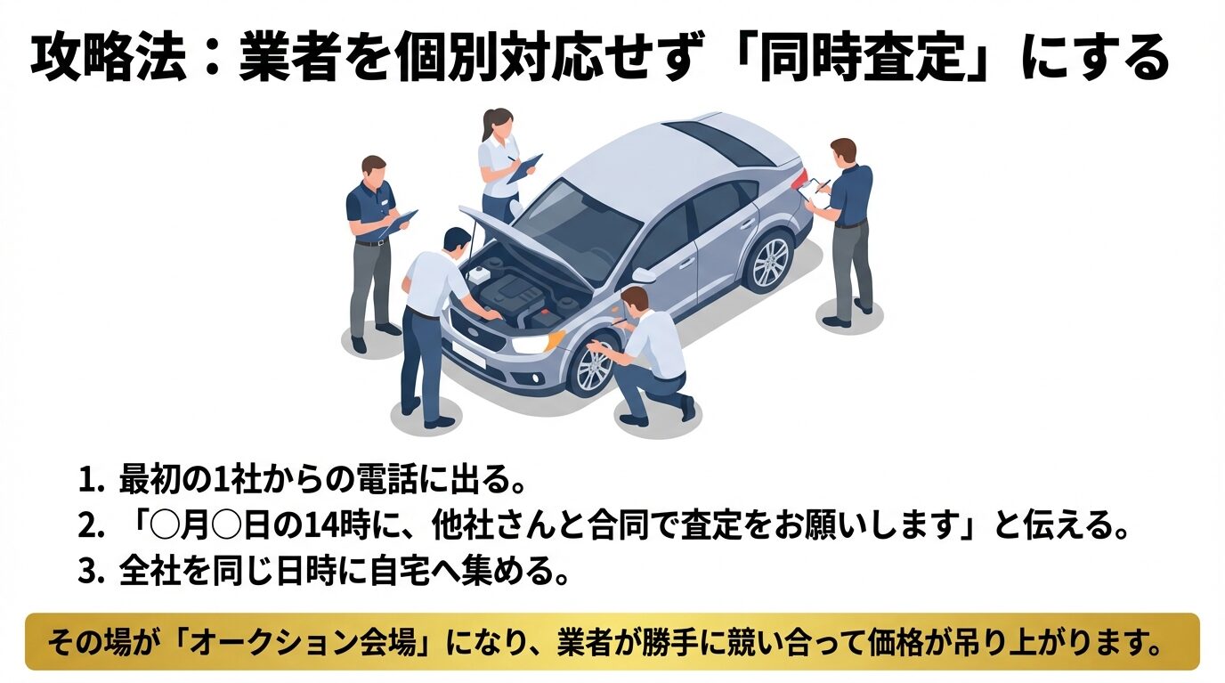 複数の業者が一台の車を同時にチェックしている様子。業者を同じ日時に集めて競わせる「同時査定」の有効性を視覚化しています。