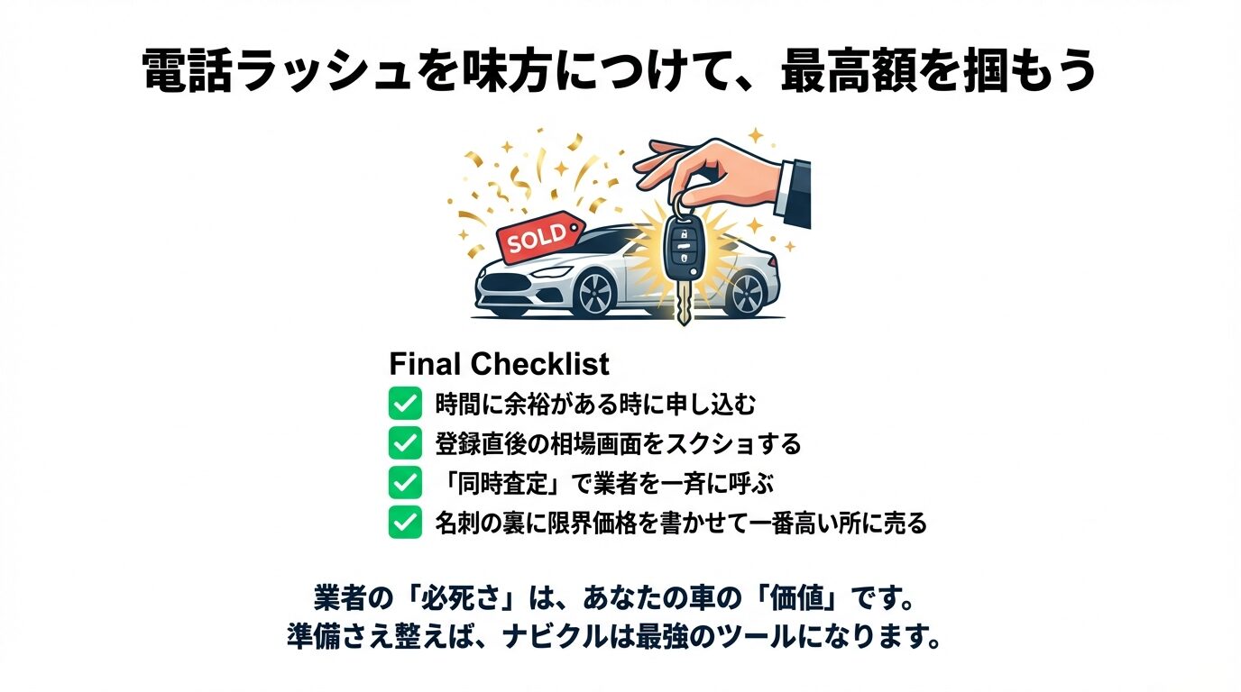 時間確保、スクショ保存、同時査定、名刺裏への価格記入といった、最高額で売るための4つの最終ステップをまとめたリスト。