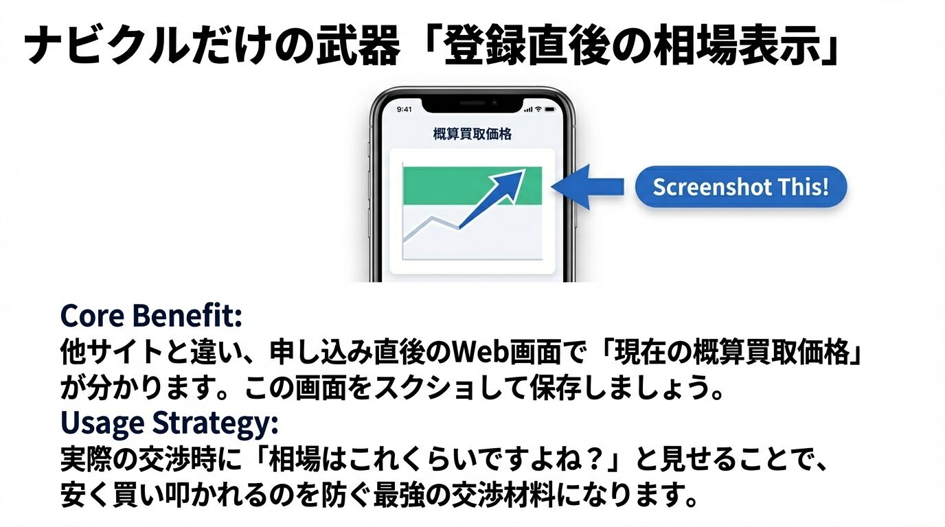 申し込み直後の画面に表示される概算買取価格をスクリーンショットして、実際の交渉時の最強の武器として活用する戦略を解説。