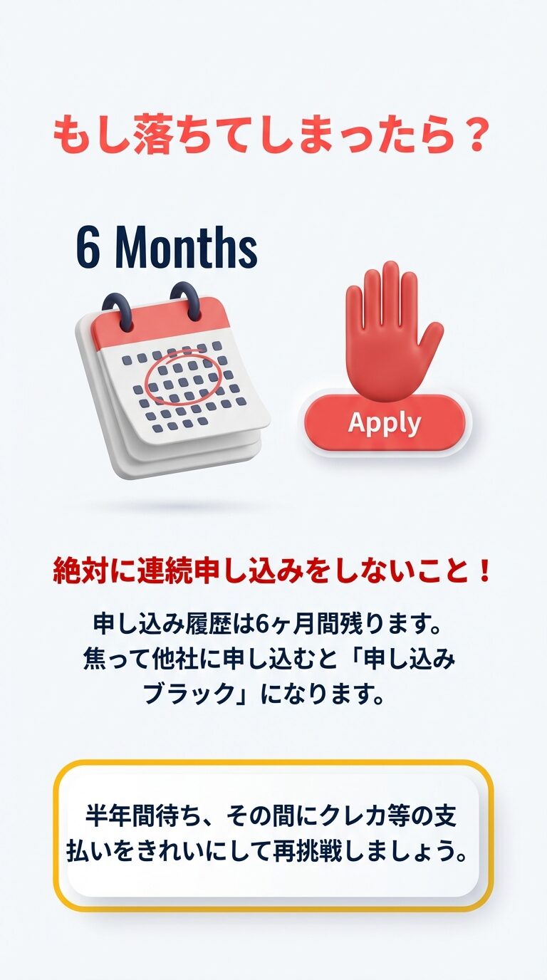 再挑戦までのステップと注意点 申し込み履歴は6ヶ月残るため連続申し込みは避け、半年間待って支払い履歴をきれいにしてから再挑戦することを勧めるカレンダーの図解。