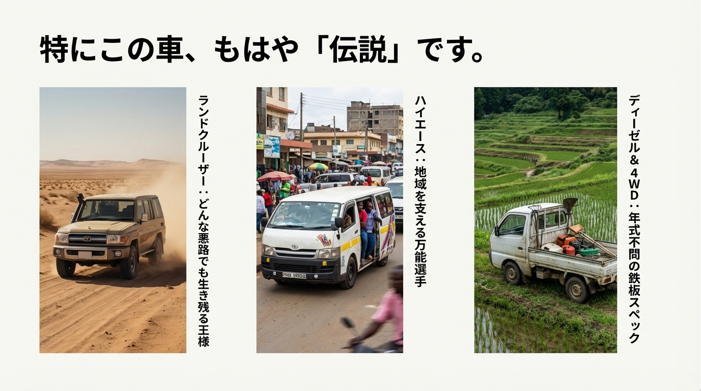 悪路を走るランドクルーザーや海外で活躍するハイエースの写真と共に、ディーゼル・4WDなどの高評価スペックを紹介するスライド。 