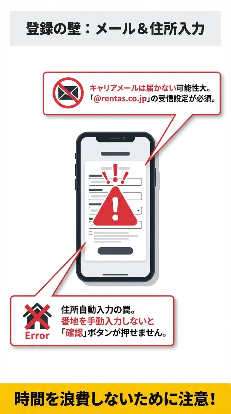 スマートフォンのエラー画面のイラスト。住所自動入力で番地を手動入力しないと確認ボタンが押せないこと、キャリアメールの受信設定が必要なことを説明するスライド。