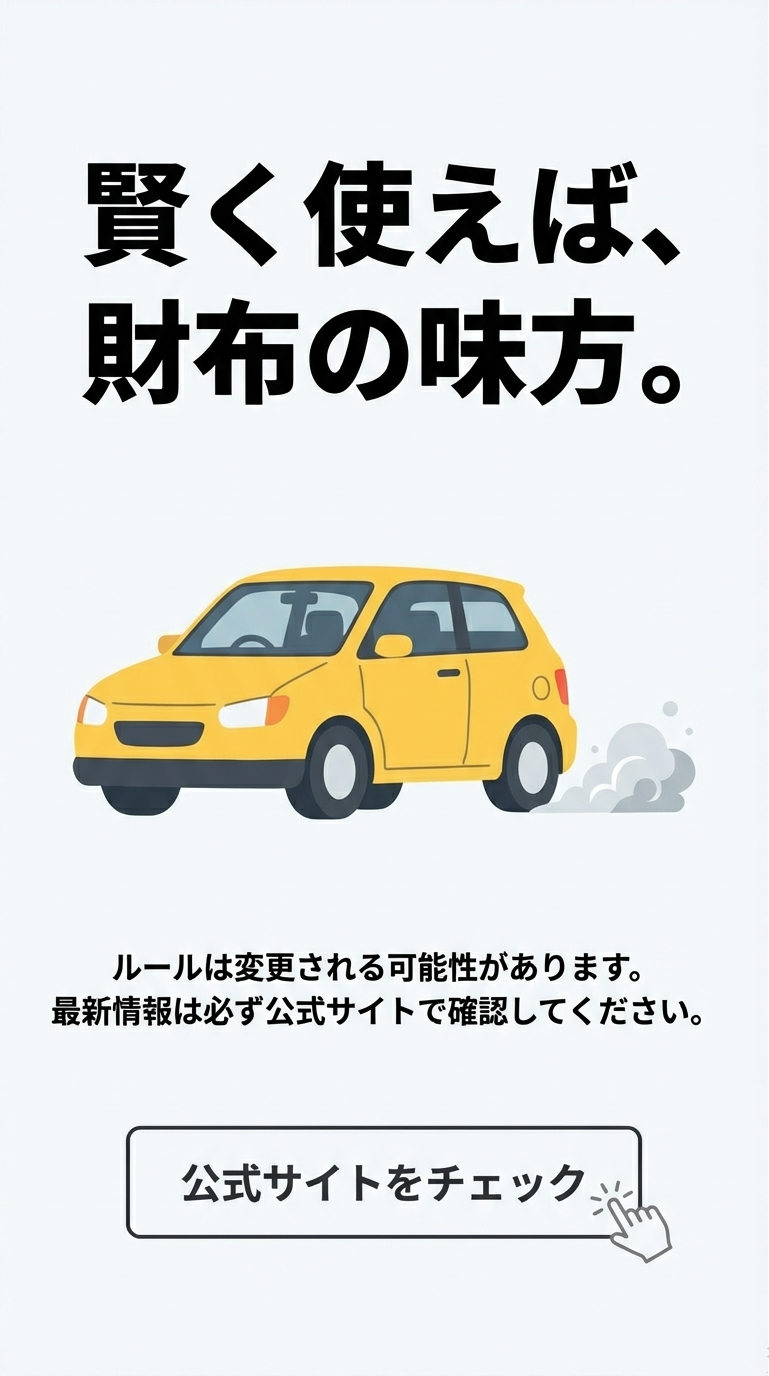黄色い車のイラスト。「賢く使えば、財布の味方」というメッセージと、最新情報は公式サイトで確認することを促すスライド。