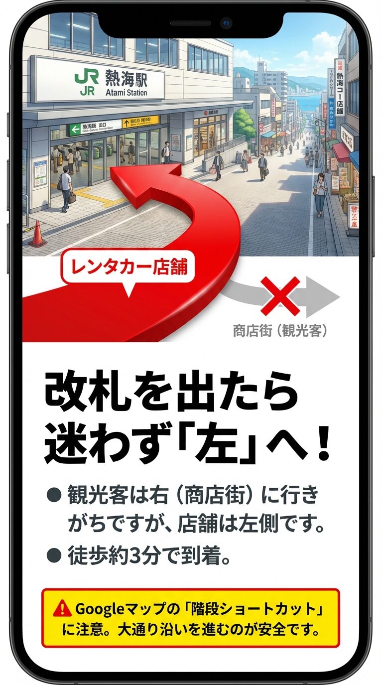 熱海駅改札を出て左へ進むよう指示するイラスト。徒歩3分で到着すること、Googleマップの「階段ショートカット」に注意し大通りを進むべきことが書かれている。