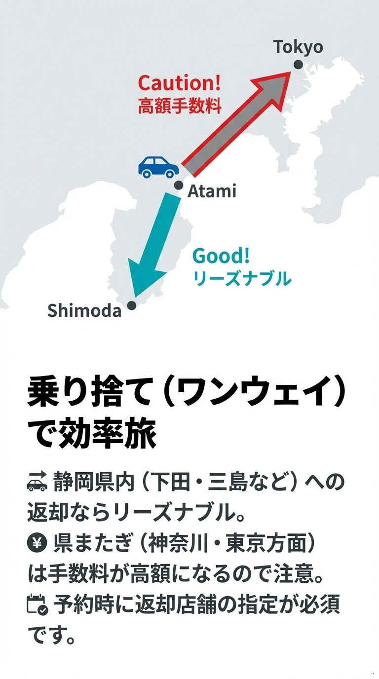 静岡県内（下田・三島など）への返却はリーズナブルだが、県またぎ（東京・神奈川方面）は手数料が高額になることを示す地図と解説。