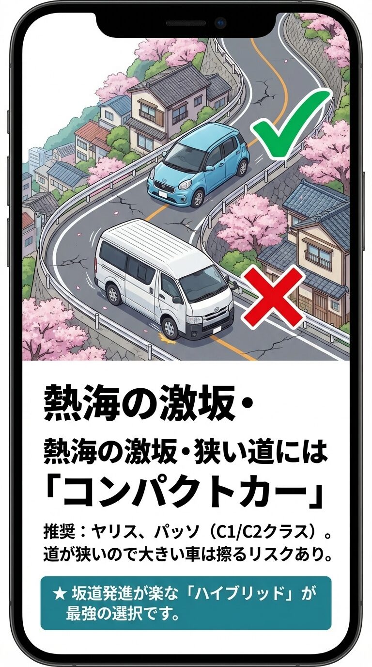 狭い坂道でのコンパクトカー（ヤリス、パッソ）と、大きな車の通行困難さを比較したイラスト。坂道に強いハイブリッド車を推奨している。