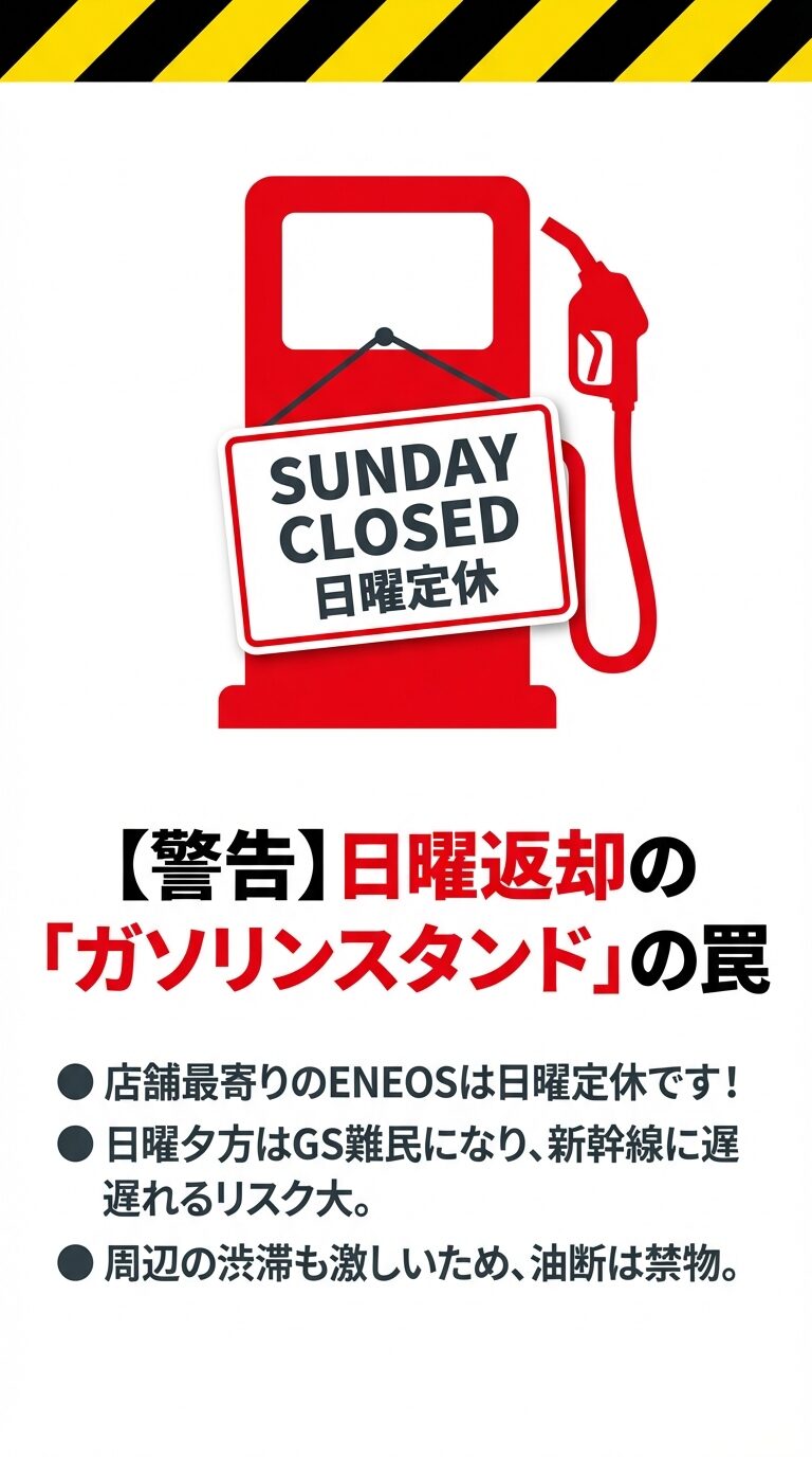 店舗最寄りのエネオスが日曜定休であることへの警告。日曜夕方は給油できずに新幹線に遅れるリスクがあることを示すイラスト。