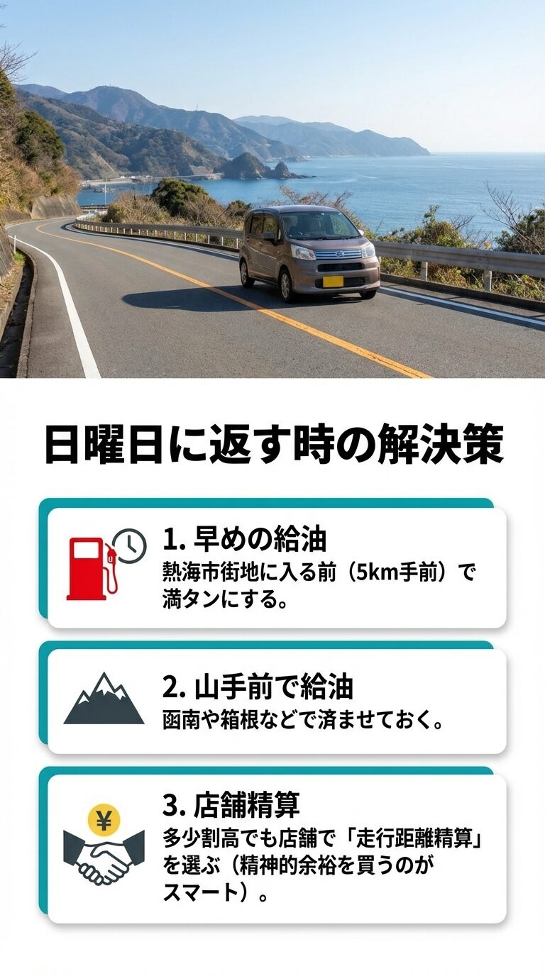 日曜返却時の解決策として、1.市街地の5km手前で給油、2.山の手前（函南・箱根）で給油、3.店舗での走行距離精算、の3つを提示するスライド。