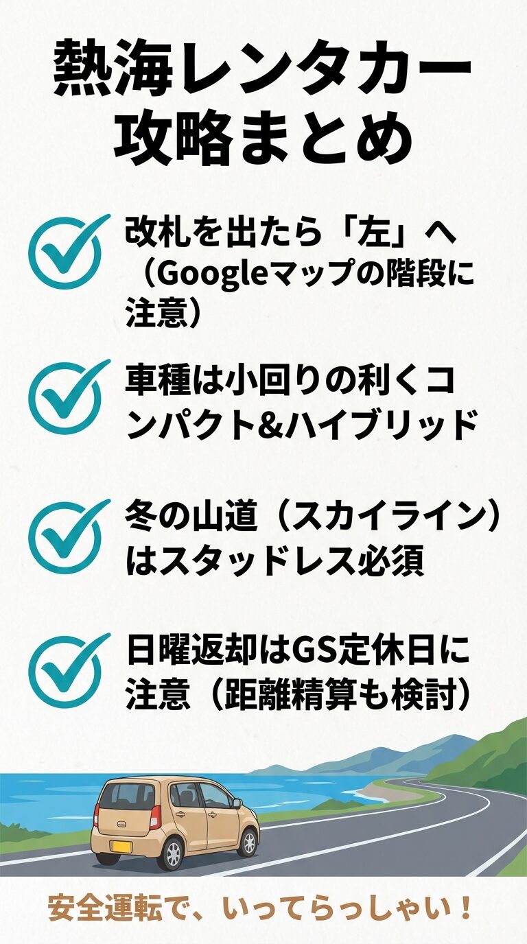 改札を左、コンパクト＆ハイブリッド車、冬のスタッドレス、日曜のGS注意など、記事の重要ポイントをまとめた最終スライド。