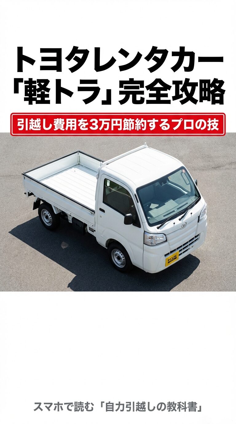 トヨタレンタカーで借りられる白い軽トラックの外観と、「軽トラ完全攻略」というタイトルテキスト。 
