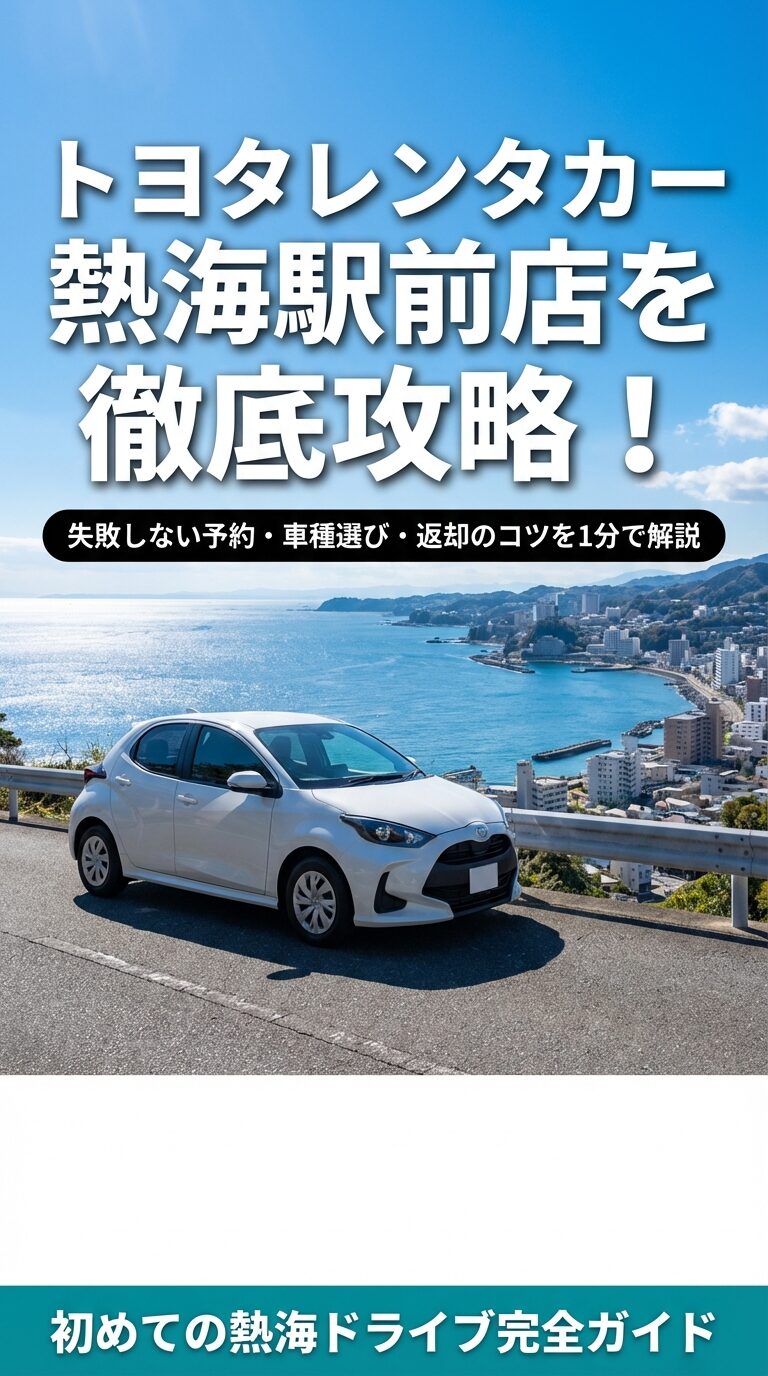トヨタレンタカー熱海駅前店の予約、車種選び、返却のコツを1分で解説する「初めての熱海ドライブ完全ガイド」の表紙スライド。