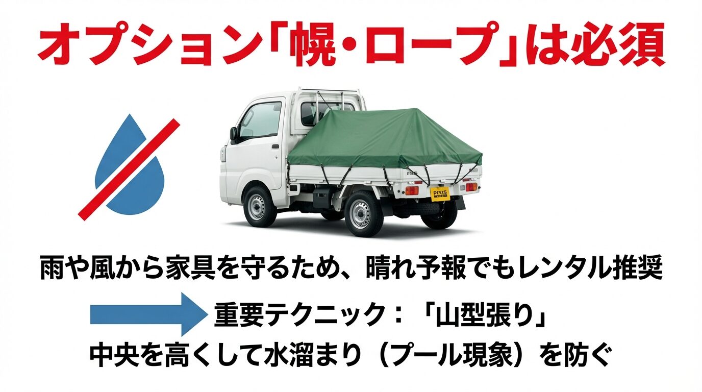 荷台に緑色のシートを被せた軽トラの画像。雨や風から守るためのシート・ロープは必須であり、水溜まりを防ぐために中央を高くする「山型張り」を推奨。 