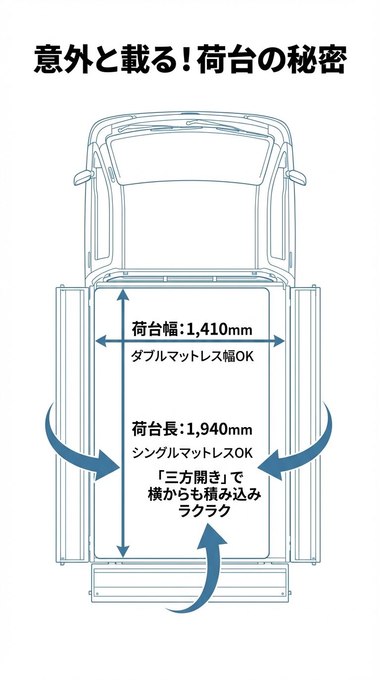軽トラの荷台を上から見た図解。荷台幅1,410mm（ダブルマットレス幅OK）、荷台長1,940mm（シングルマットレスOK）の寸法表示と、三方開きで横から積み込み可能な説明。 