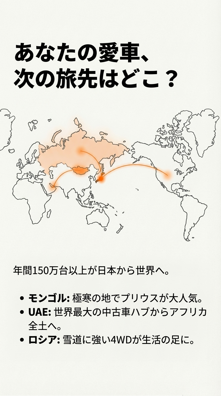 世界地図に日本からの輸出ルートが示され、モンゴルでのプリウス人気やUAEのハブ機能、ロシアの4WD需要などを説明するマップ図解。 