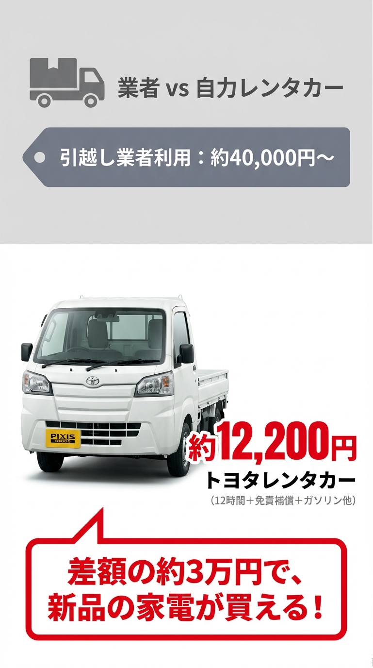 引越し業者利用（約40,000円〜）と自力レンタカー（約12,200円）の比較。差額の約3万円で新品家電が買えるというメリットの強調。 